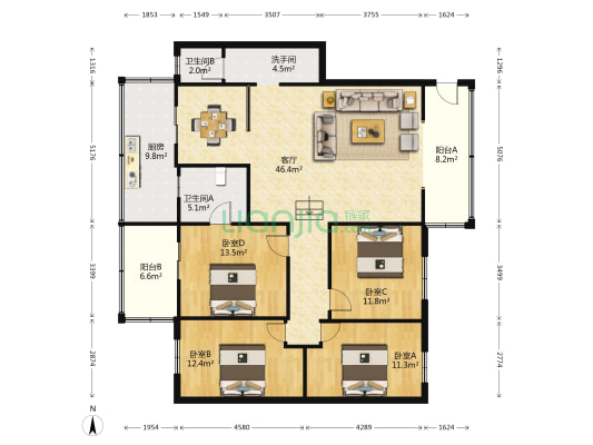 工行家属楼 4室1厅3卫 154平方