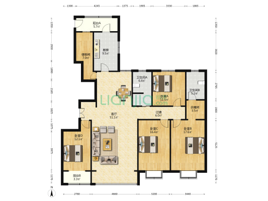 发源小区北区 4室1厅2卫 206平方