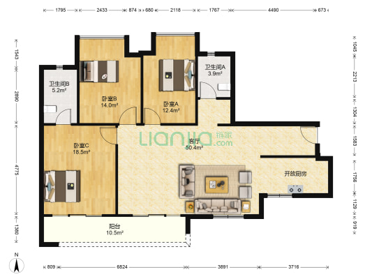 金都华庭 3室1厅2卫 134平方