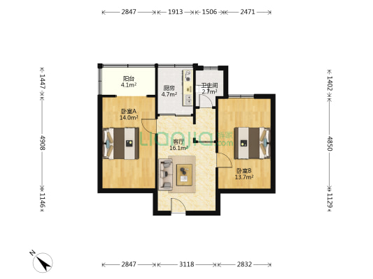 外化成五里墩中一巷2号 2室1厅1卫 60平方