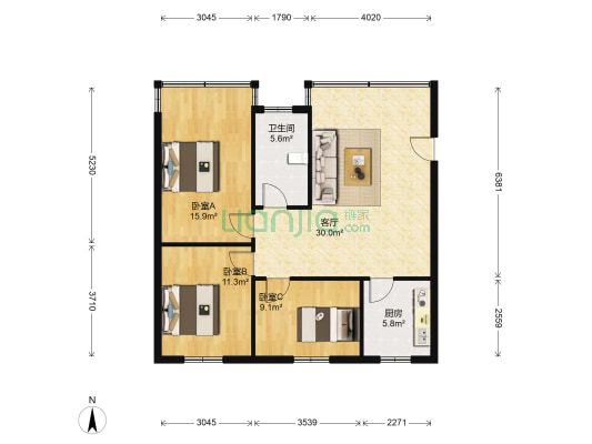 北京路241号院 3室1厅1卫 89平方