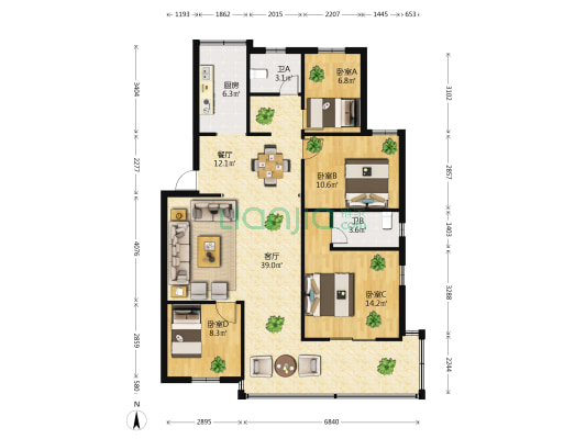 船房小区火电公司宿舍 4室2厅2卫 104平方