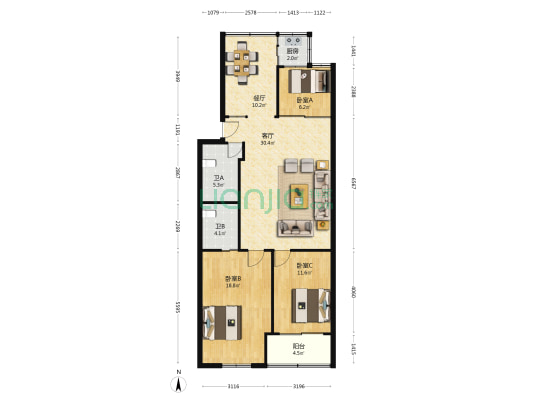 三源花园 3室2厅2卫 107平方