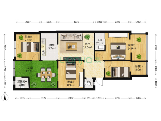 省粮油运输公司宿舍 4室1厅3卫 60平方