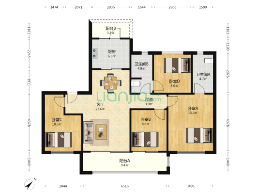 交投电建洺悦天宸 4室1厅2卫 135平方
