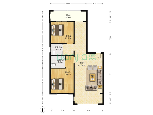 红创家园 2室1厅2卫 121平方