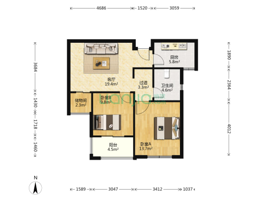 如意里 2室1厅1卫 80平方