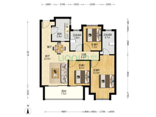 仁恒静安世纪 3室1厅2卫 106平方