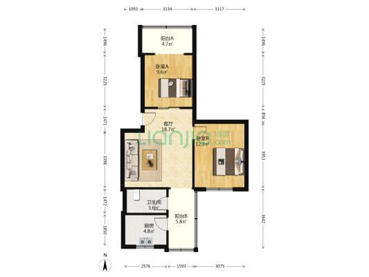 双槐树街90号 2室1厅1卫 67平方
