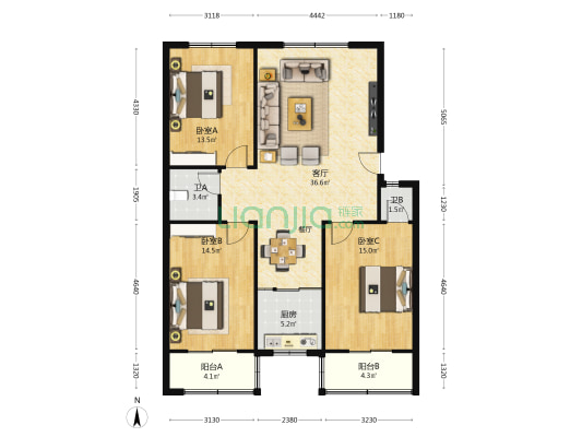 宏达花园二期 3室1厅2卫 117平方