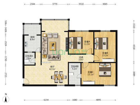 金桔花苑 3室1厅2卫 121平方