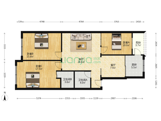 松阳花苑 3室2厅2卫 107平方