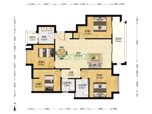 财信中梁华府 4室1厅2卫 117平方