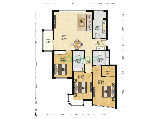 怡成园 3室1厅2卫 136平方