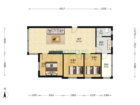 星都苑 3室1厅1卫 81平方