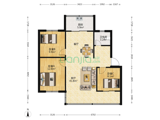 云南第三机床厂宿舍 3室1厅1卫 86平方