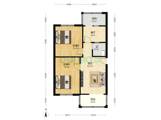 祥和苑 2室2厅1卫 72平方