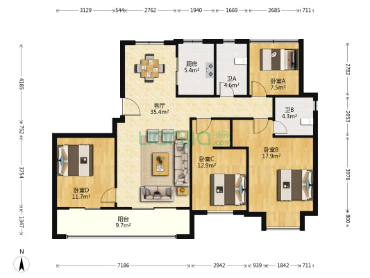 姚江金茂府 4室1厅2卫 137平方