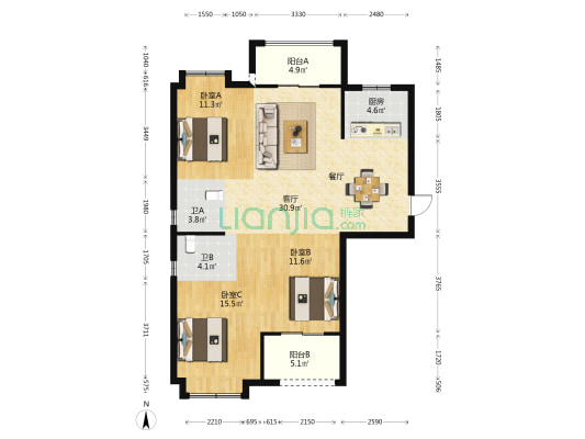 盖山新苑 3室1厅2卫 108平方