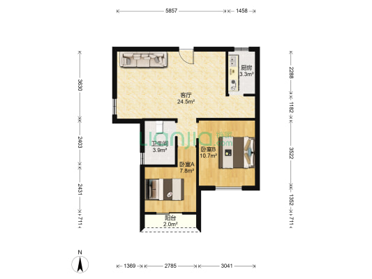 大华滨江天地 2室1厅1卫 77平方