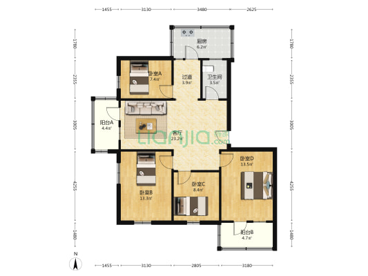 塑料三厂宿舍 4室1厅1卫 104平方