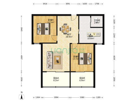春天花园 2室1厅1卫 110平方