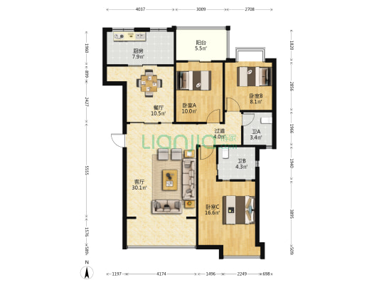 美丽家园 3室2厅2卫 117平方