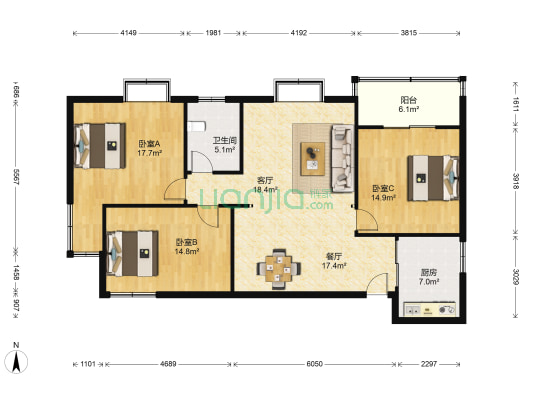 万达广场鸿景苑 3室2厅1卫 124平方