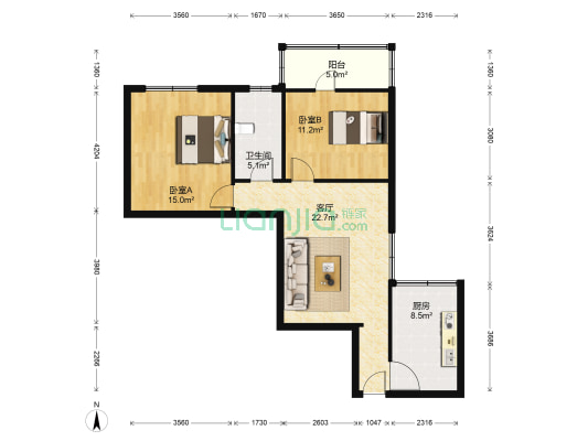 新关公寓 2室1厅1卫 94平方