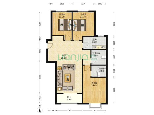 万景嘉苑 3室1厅2卫 125平方
