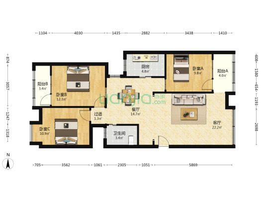 海南省体校宿舍 3室2厅1卫 107平方
