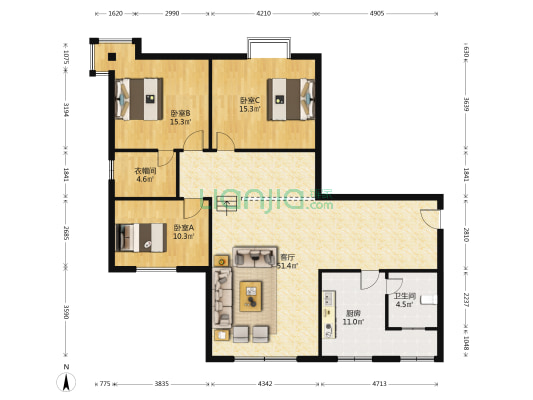 涂山路510到583号 3室1厅1卫 135平方
