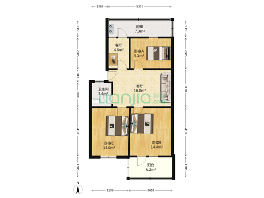 山毛小区 3室2厅1卫 83平方