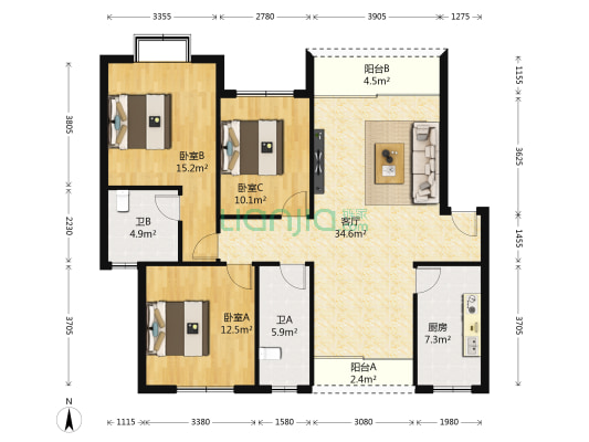 高滩安置小区 3室1厅2卫 120平方
