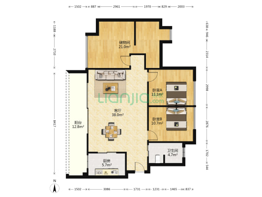御临府一期 2室1厅1卫 121平方