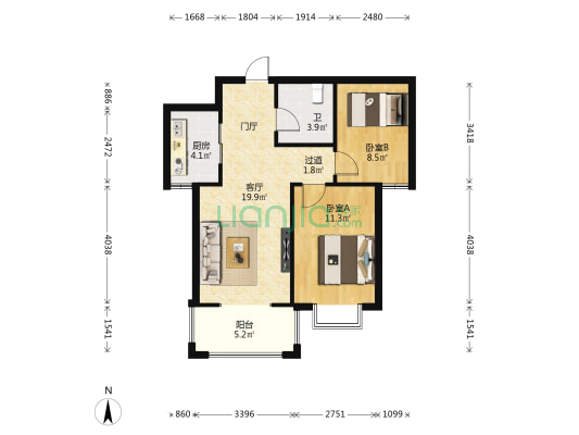 翰林华府 2室1厅1卫 102平方