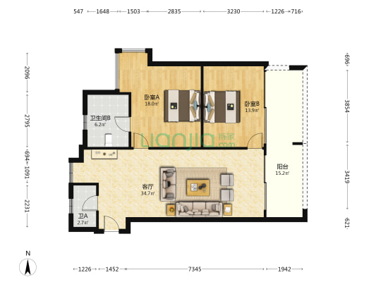 富力湾一期 2室1厅2卫 88平方