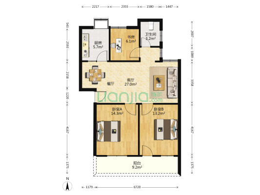 江夏老年大学宿舍 3室1厅1卫 88平方