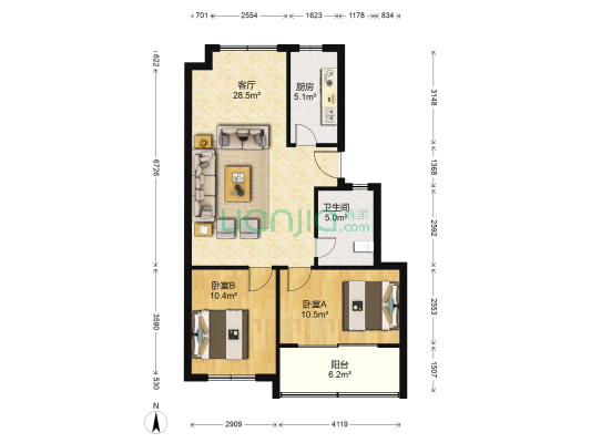 紫金园·翡翠花园 2室1厅1卫 93平方