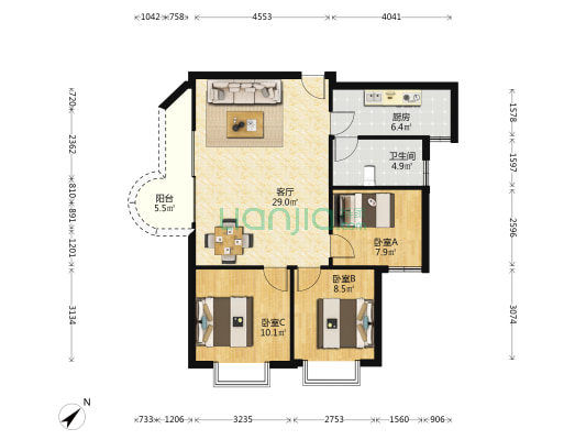 黄村体育训练基地 3室1厅1卫 90平方