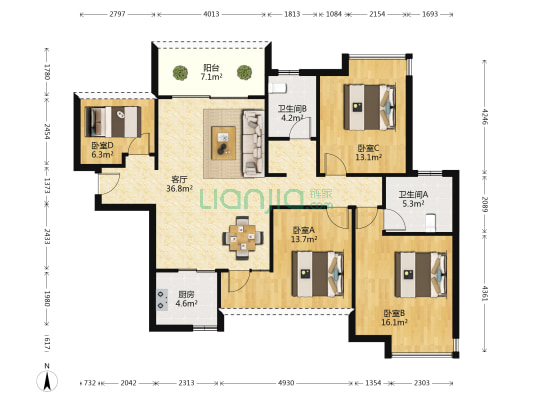 天誉花园 4室1厅2卫 121平方