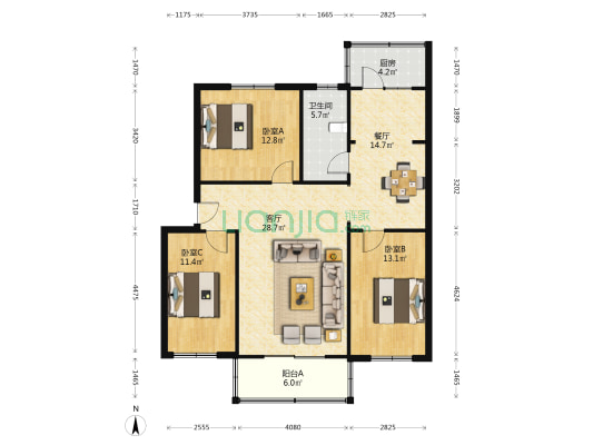 华阳路 天龙小区南北通透三居采光好无遮挡-户型图