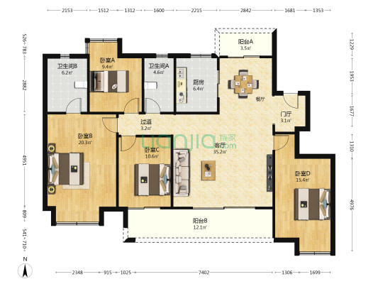 赣电东方城 4室1厅2卫 151平方
