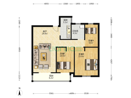 帝逸国际(东台市) 3室1厅1卫 101平方