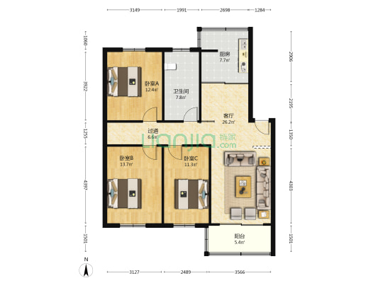 中前公寓 3室1厅1卫 111平方