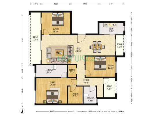 望江府沁山水 3室1厅2卫 154平方