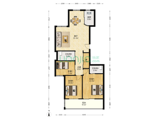 东鑫大厦 3室1厅2卫 120平方