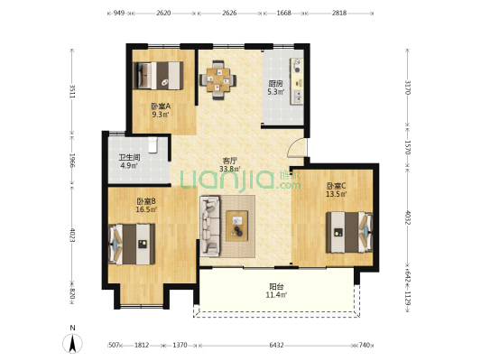 驿龙华府 3室1厅1卫 113平方