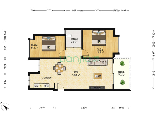 水云轩 2室1厅1卫 93平方