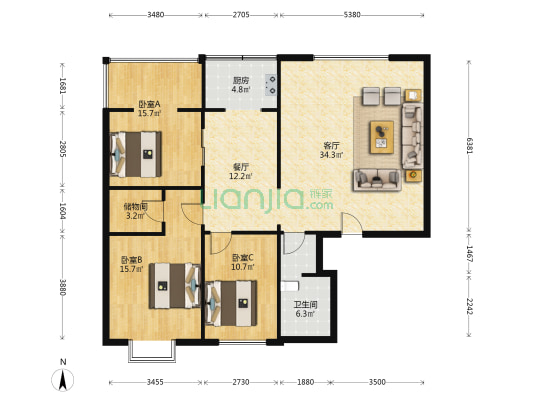 金地世嘉 3室2厅1卫 136平方